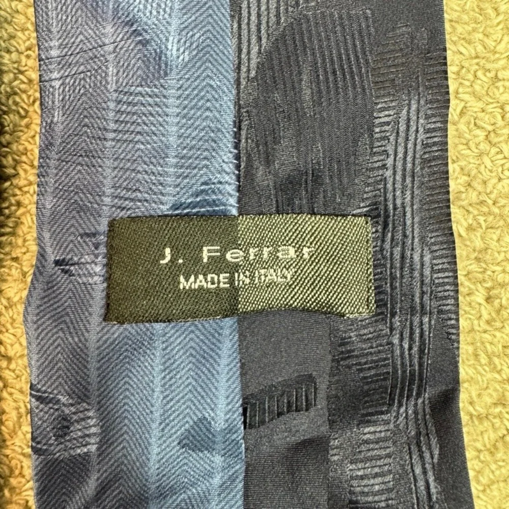 J. Ferrar Mens Silk Tie Blue Navy Red Geometric Stripe Made in Italy Necktie